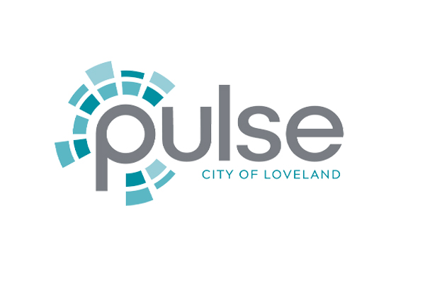 Logo for Pulse, City of Loveland. The word "pulse" is written in large, gray lowercase letters with a graphic element around the 'p' that resembles a stylized fan or signal. Below in smaller blue uppercase letters is the text "CITY OF LOVELAND.