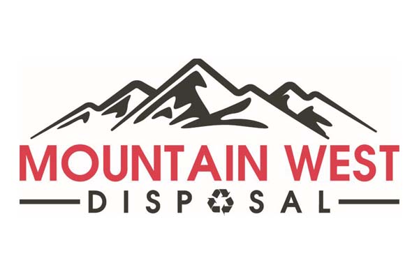 Logo of Mountain West Disposal featuring stylized black mountain peaks above the company name in bold red letters. The word "DISPOSAL" is written below in smaller black letters with a recycling symbol in place of the letter "O".