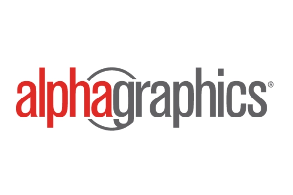 The image features the AlphaGraphics logo, where "alpha" is written in red and "graphics" in gray. A partial gray circular outline appears around the letters "a" and "g". The background is white.