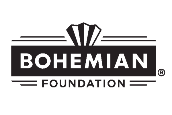 Logo of Bohemian Foundation. The text "BOHEMIAN" is centered inside a black rectangle, with "FOUNDATION" written below it in smaller letters. Above the text, there is a stylized design resembling three book pages or a fan.