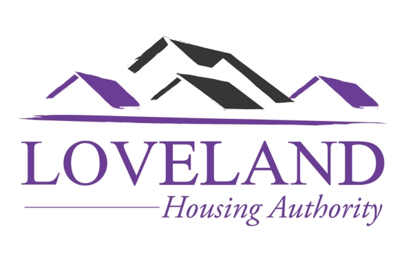 Logo of Loveland Housing Authority featuring stylized purple and black mountain peaks above the text "LOVELAND" in large purple letters and "Housing Authority" in smaller italicized purple letters.