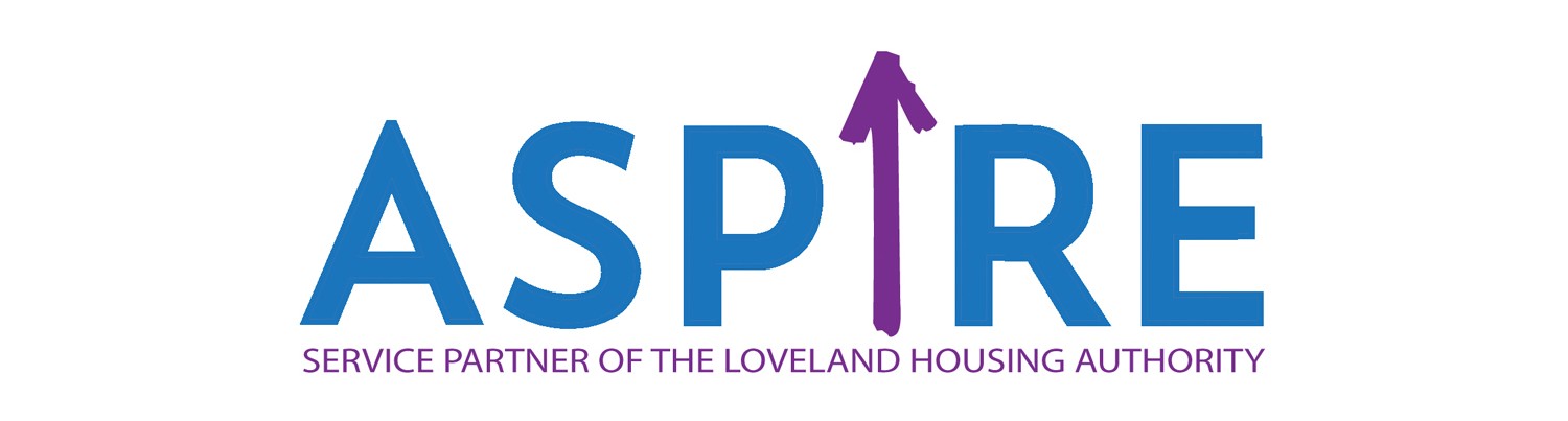ASPIRE logo with the letter “I” represented by an upward-pointing purple arrow. Below, purple text reads: “Service Partner of the Loveland Housing Authority.”.
