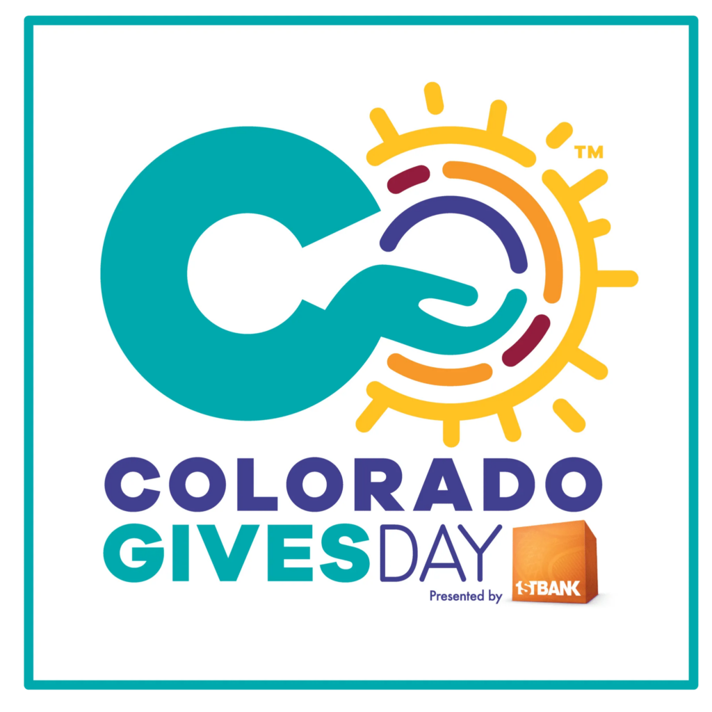 Logo for Colorado Gives Day, featuring a teal hand forming a "C" shape, holding a sun with purple rays. Text below reads "Colorado Gives Day presented by FirstBank.