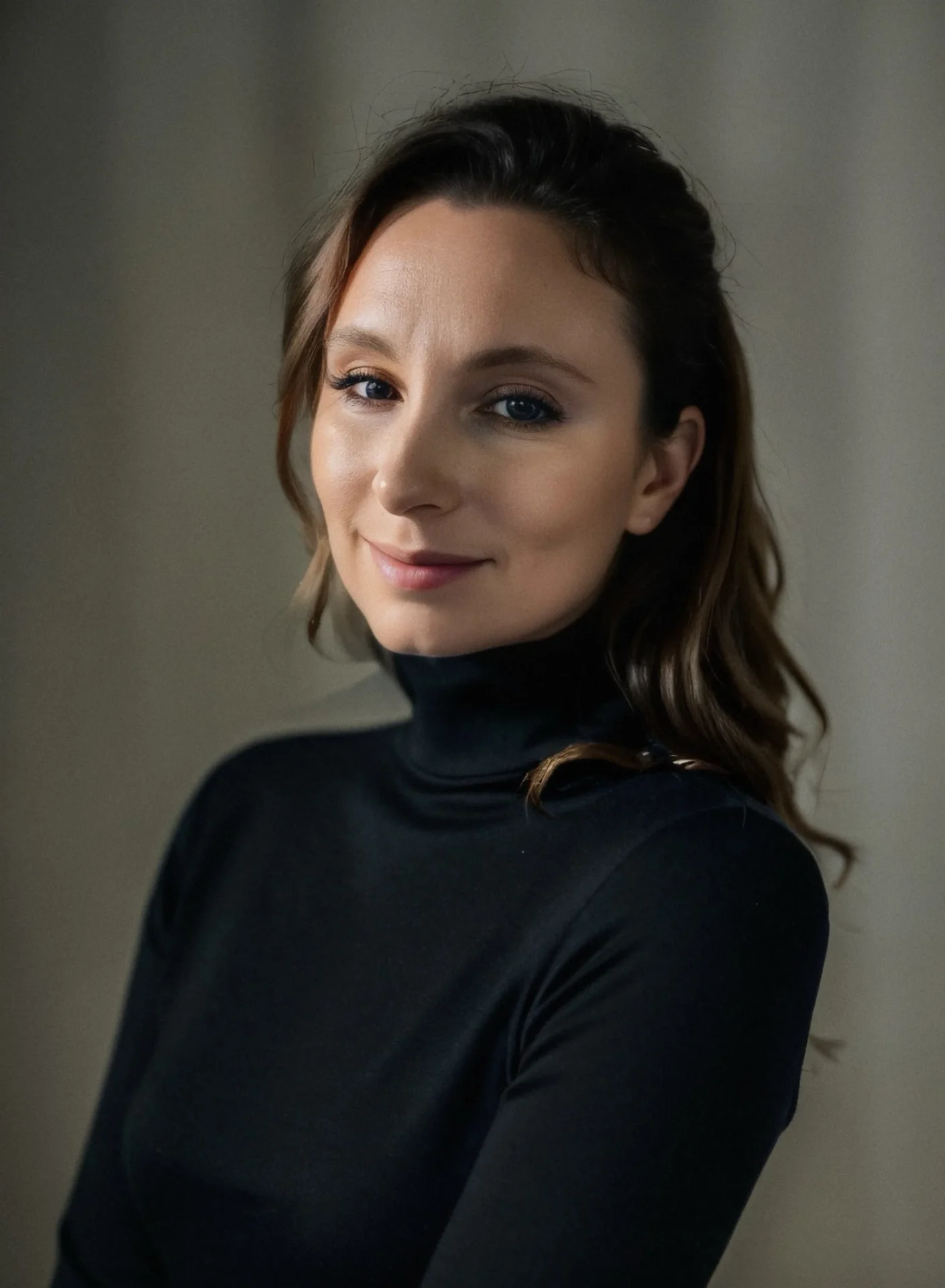 A woman with long brown hair wearing a black turtleneck top stands against a neutral background, smiling softly with arms crossed.