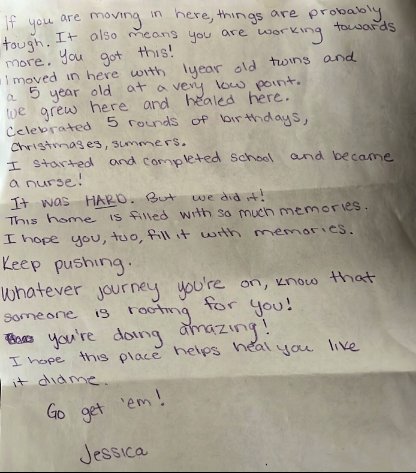 A handwritten letter offering encouragement, discussing moving into a new place, overcoming challenges, celebrating birthdays, and finishing school. The letter is signed "Jessica" and encourages the reader to "Go get 'em!.