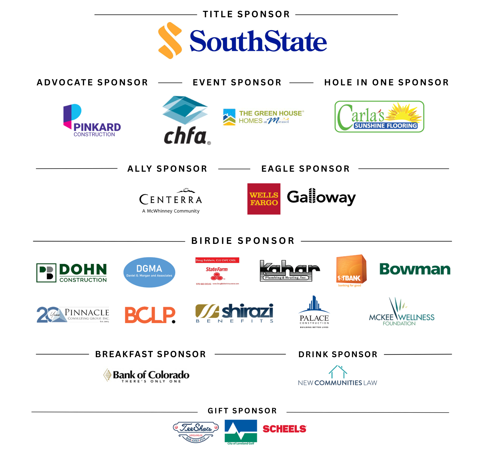 A sponsor thank-you poster with the heading "Thank You Last Year's Sponsors!" Logos and names of companies are listed under categories like Title Sponsor, Advocate Sponsor, Event Sponsor, Hole-in-One Sponsor, and more.