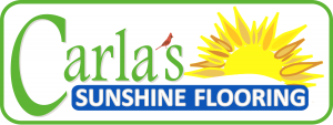 Logo for "Carla's Sunshine Flooring" with a sun graphic, green text, a small red bird on the letter "l," and "SUNSHINE FLOORING" in white on a blue rectangle. Logo for "Carla's Sunshine Flooring" with a sun graphic, green text, a small red bird on the letter "l," and "SUNSHINE FLOORING" in white on a blue rectangle.
