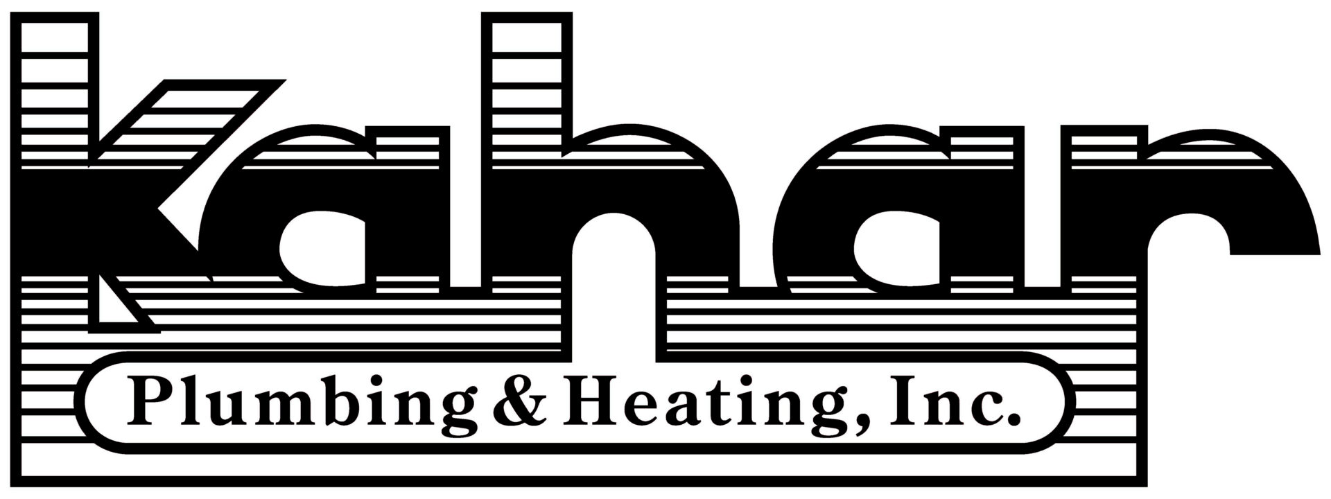Logo for Kahar Plumbing & Heating, Inc. The word "Kahar" is bold with horizontal stripes. "Plumbing & Heating, Inc." appears in a bordered box below the letters "K" and "a. Logo for Kahar Plumbing & Heating, Inc. The word "Kahar" is bold with horizontal stripes. "Plumbing & Heating, Inc." appears in a bordered box below the letters "K" and "a.