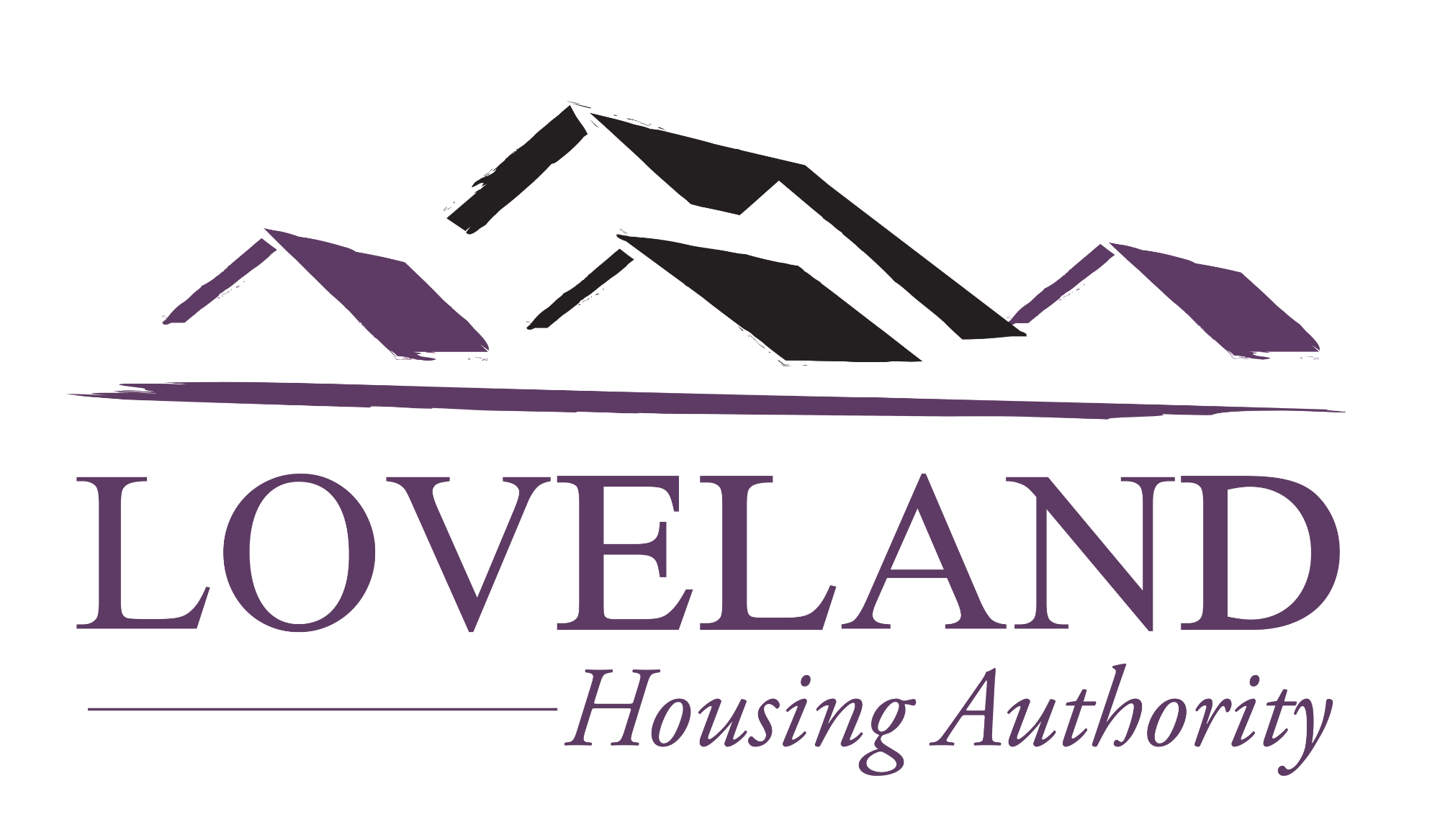 Logo with stylized purple mountains and rooftops above the text "LOVELAND Housing Authority" in large and small fonts, separated by a horizontal line. Logo with stylized purple mountains and rooftops above the text "LOVELAND Housing Authority" in large and small fonts, separated by a horizontal line.