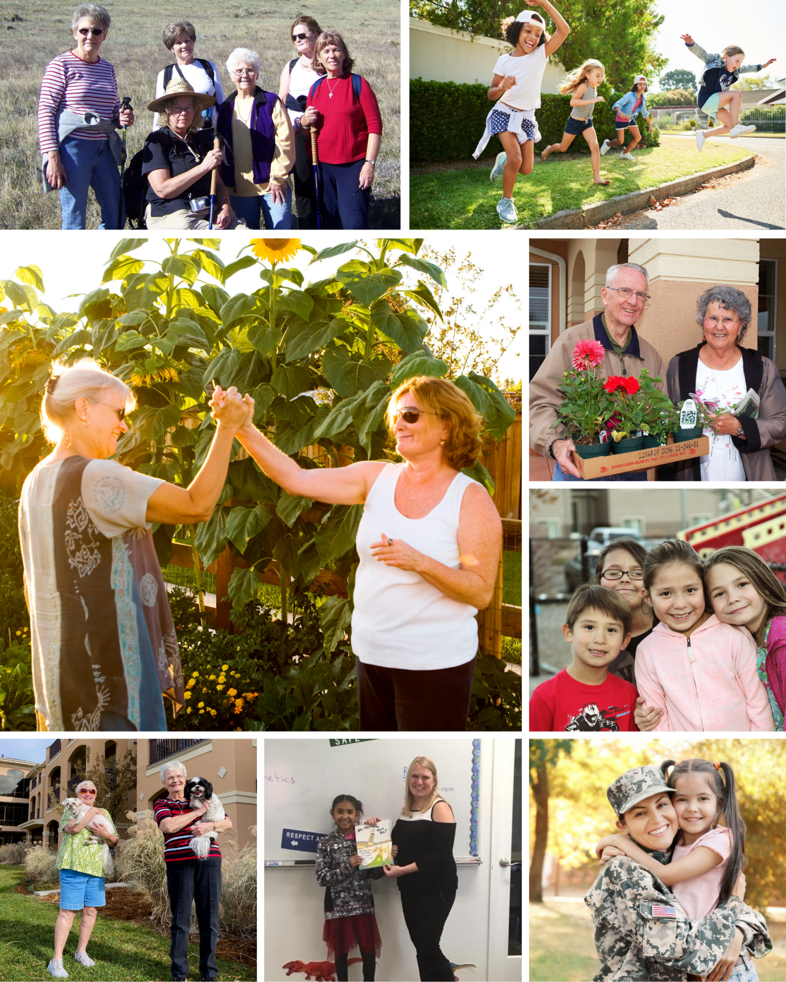 A collage showing people of various ages smiling, gardening, dancing, posing in classrooms, children jumping, and a uniformed soldier embracing a child.