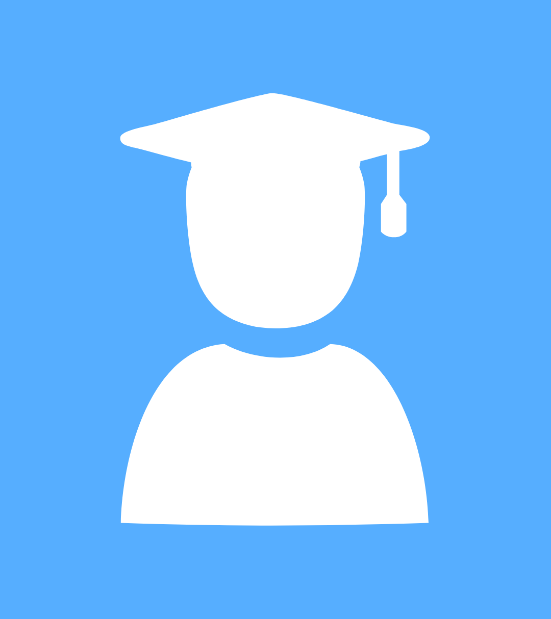 White silhouette of a person wearing a graduation cap on a blue background.
