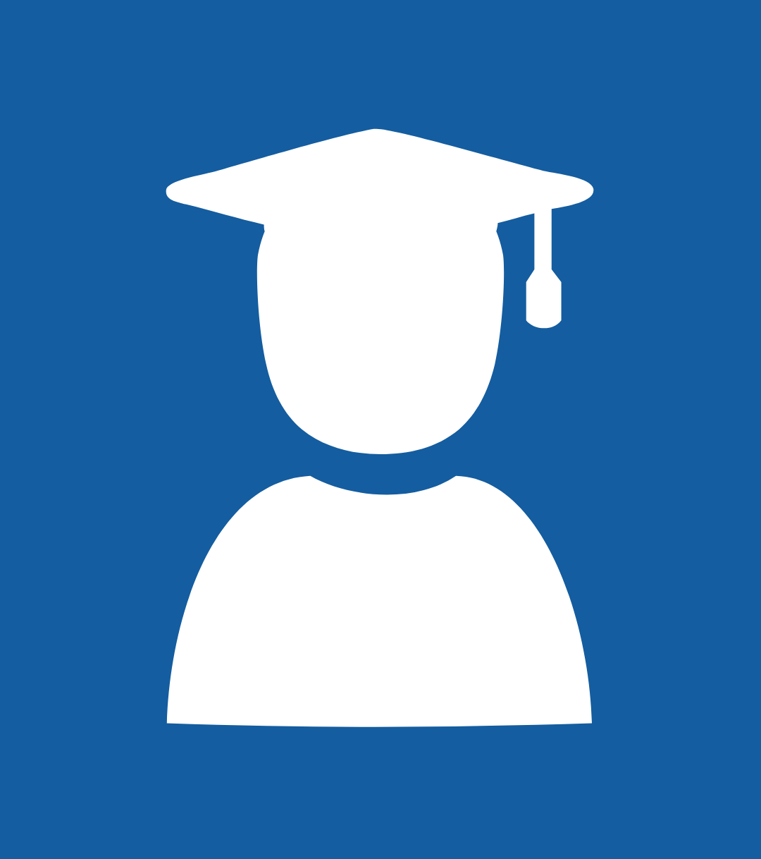 White silhouette of a person wearing a graduation cap and gown on a solid blue background.
