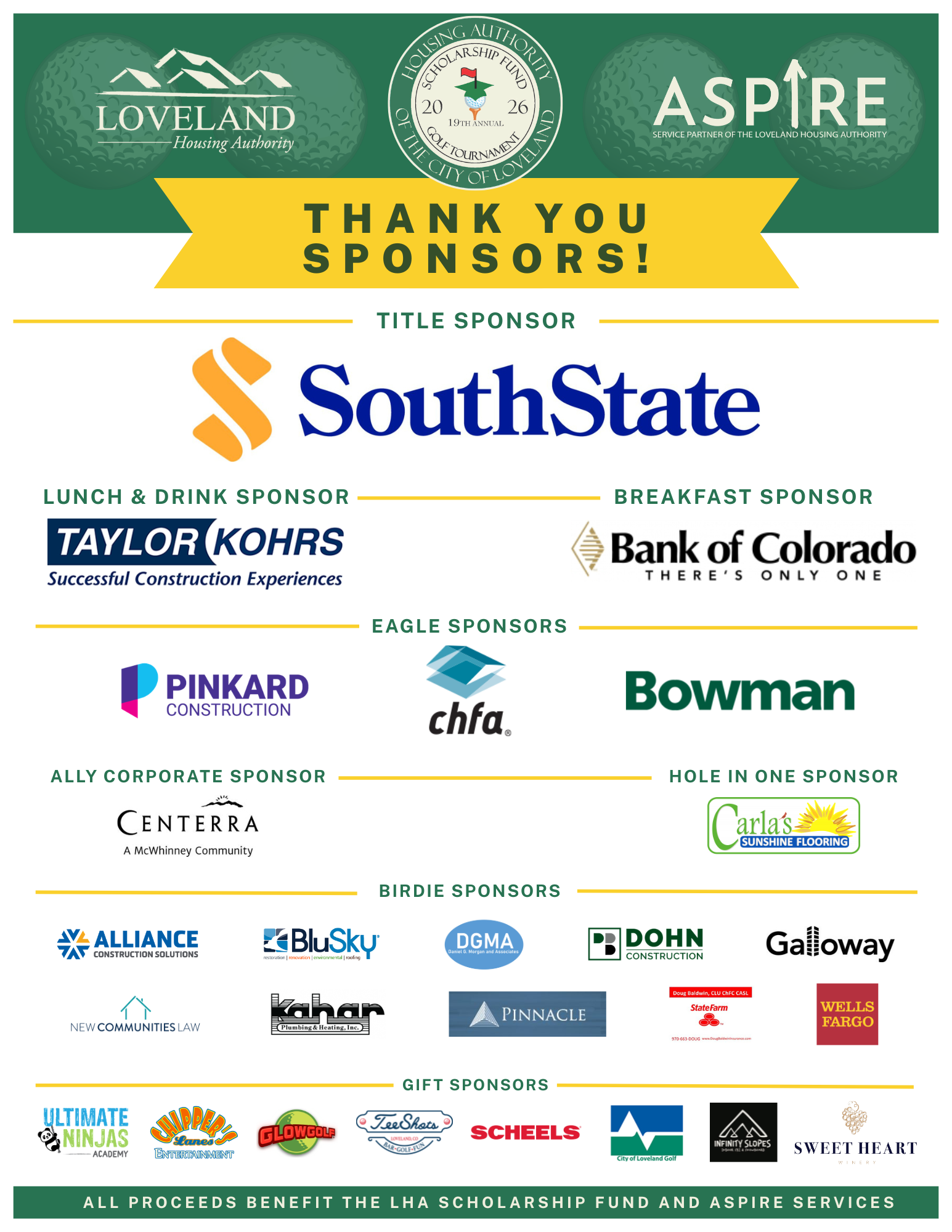 Sponsor appreciation flyer featuring company logos under categories: Title Sponsor, Lunch & Drink Sponsor, Breakfast Sponsor, Eagle Sponsors, Birdie Sponsors, and supporting organizations, with a yellow “Thank You Sponsors!” banner at the top.