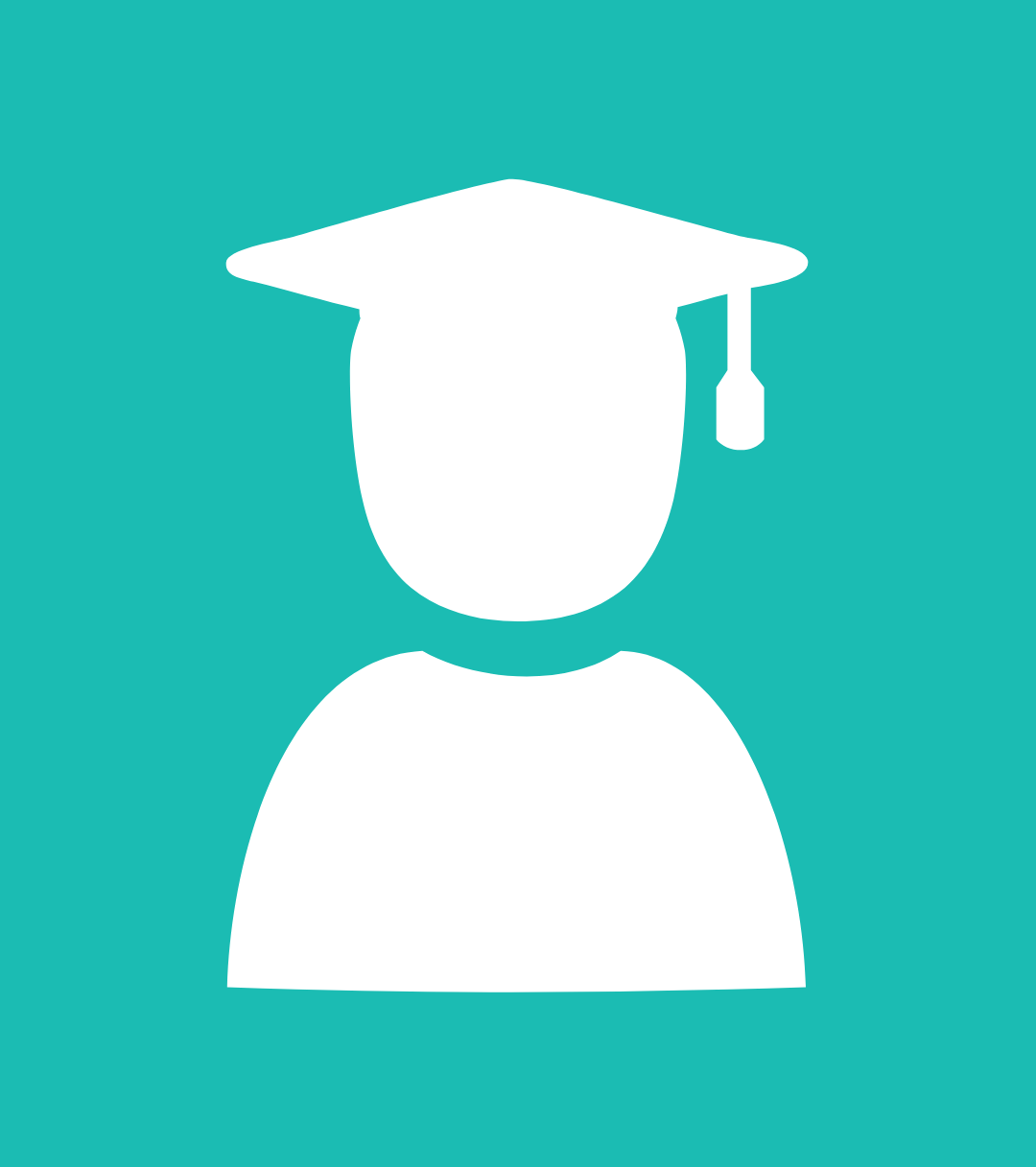 White silhouette of a person wearing a graduation cap on a teal background.